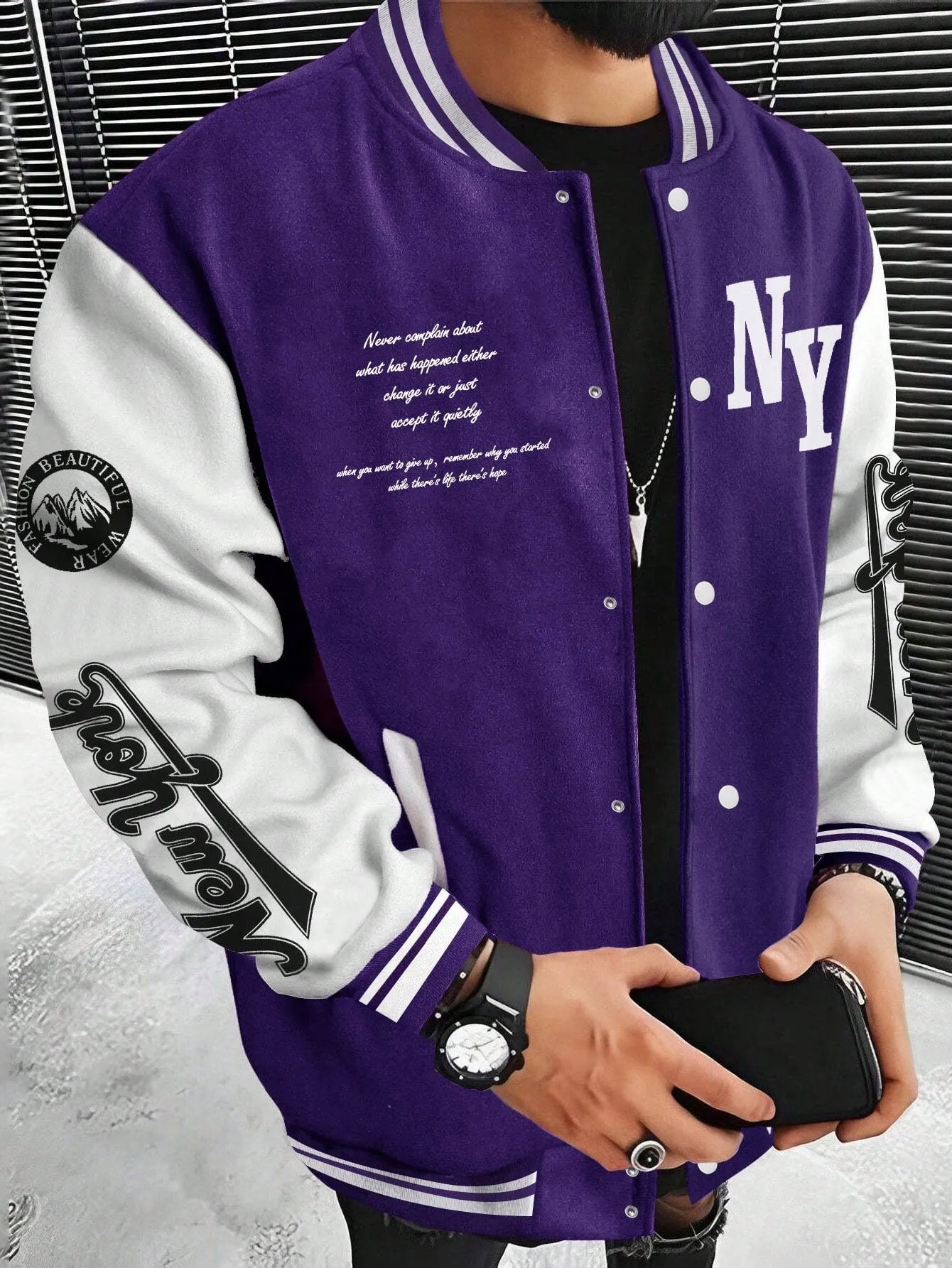 LEGND Men Slogan Graphic Two Tone Varsity Jacket, Going Out Street Wear Letter Baseball Long Sleeve Color Block Jacket, For Friends, Husband, Boyfriend Gifts