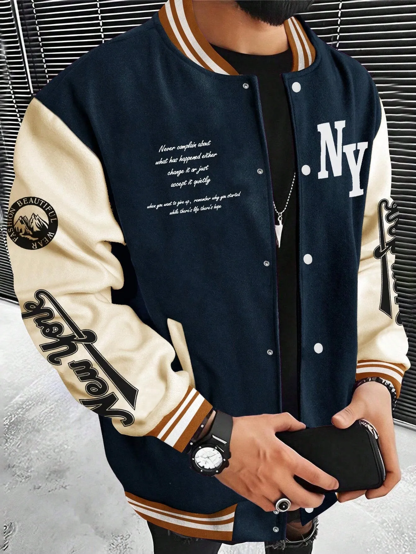LEGND Men Slogan Graphic Two Tone Varsity Jacket, Going Out Street Wear Letter Baseball Long Sleeve Color Block Jacket, For Friends, Husband, Boyfriend Gifts