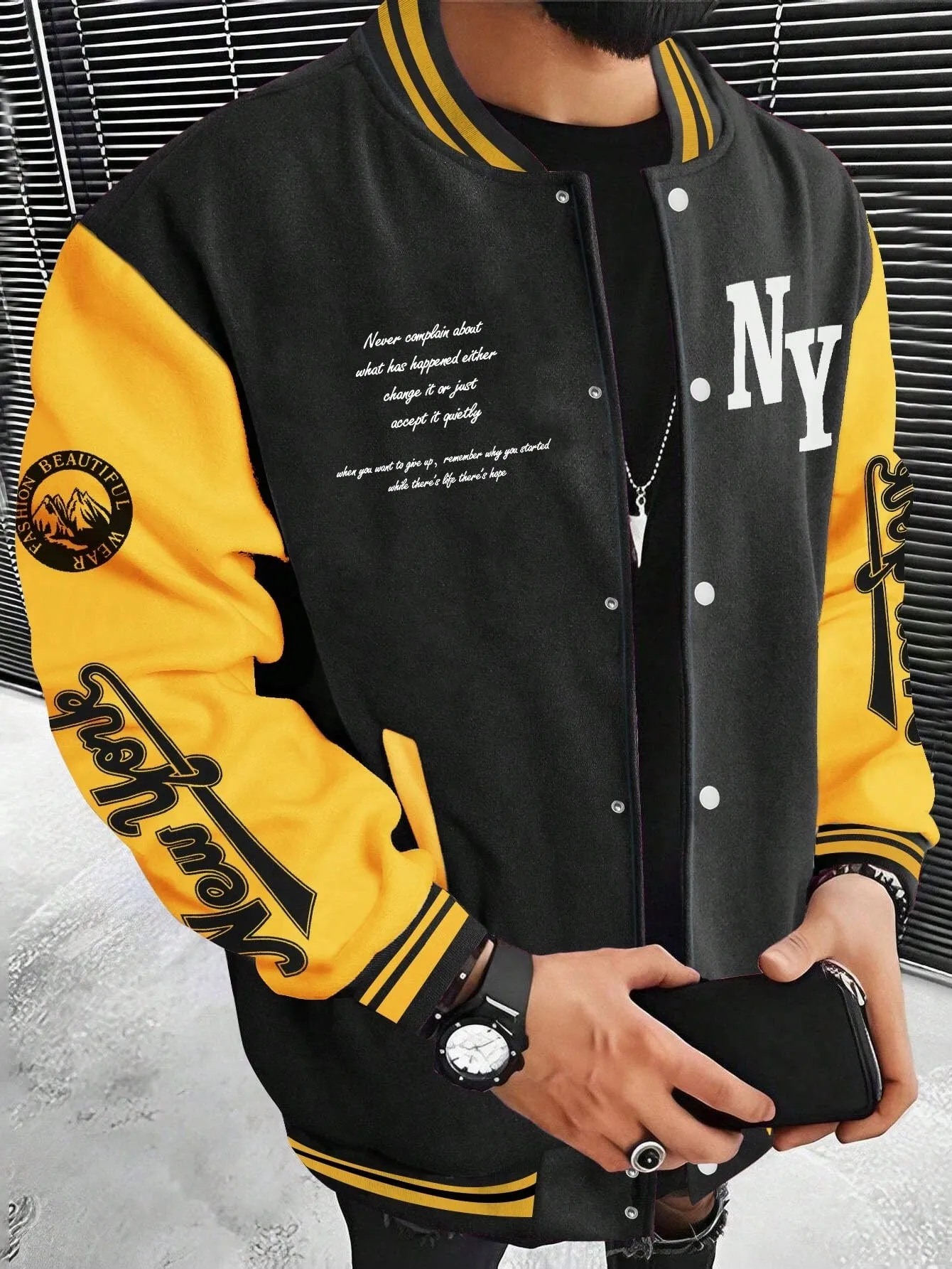 LEGND Men Slogan Graphic Two Tone Varsity Jacket, Going Out Street Wear Letter Baseball Long Sleeve Color Block Jacket, For Friends, Husband, Boyfriend Gifts