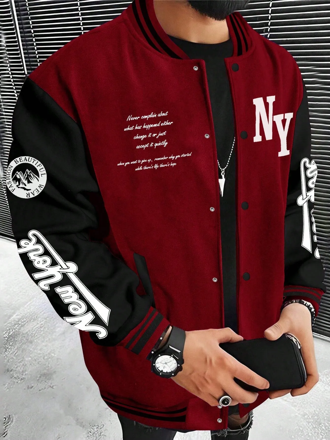 LEGND Men Slogan Graphic Two Tone Varsity Jacket, Going Out Street Wear Letter Baseball Long Sleeve Color Block Jacket, For Friends, Husband, Boyfriend Gifts