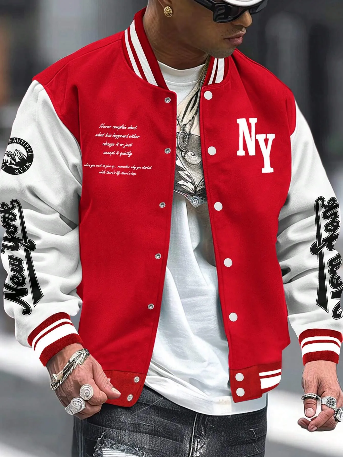 LEGND Men Slogan Graphic Two Tone Varsity Jacket, Going Out Street Wear Letter Baseball Long Sleeve Color Block Jacket, For Friends, Husband, Boyfriend Gifts
