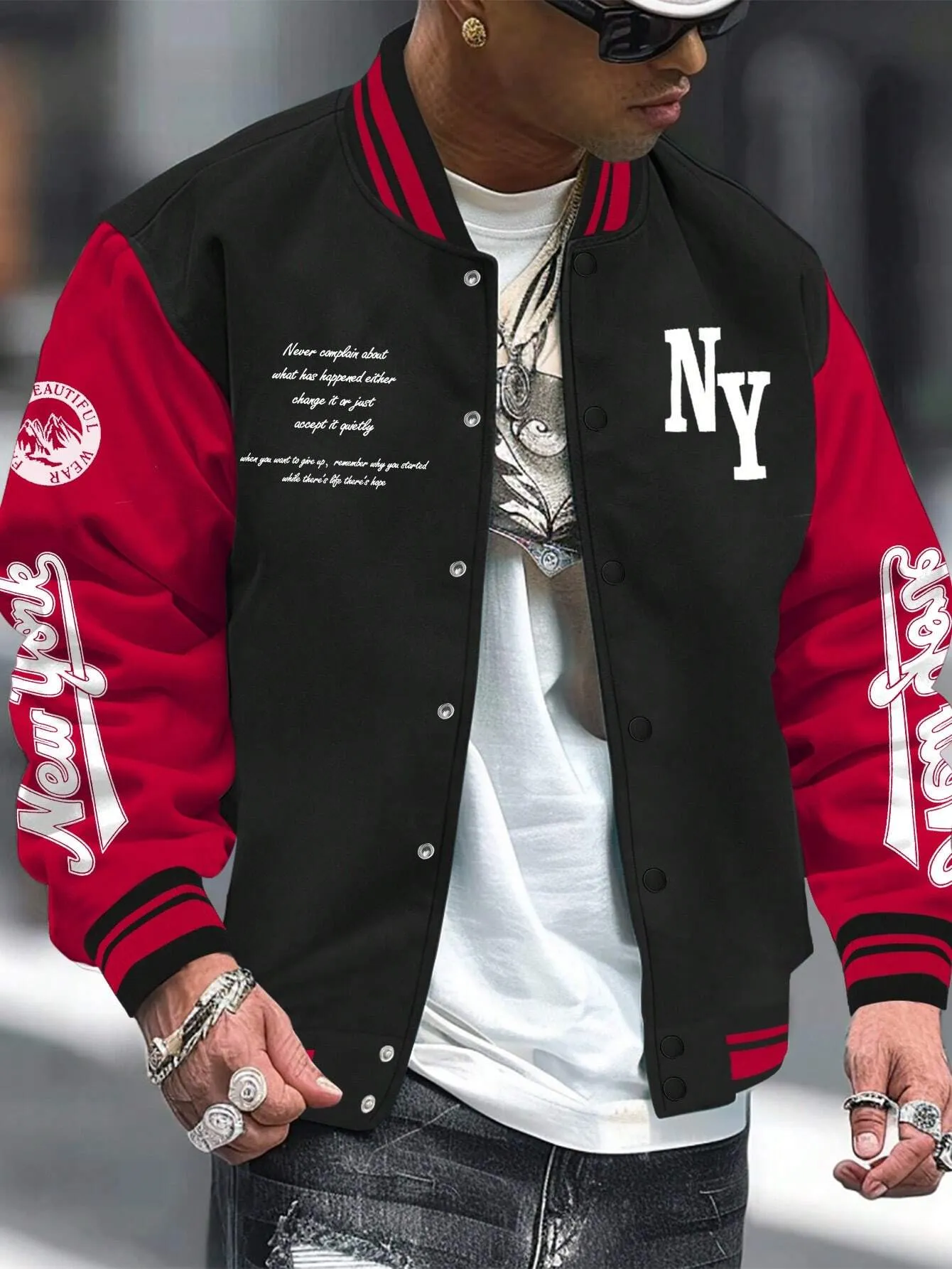 LEGND Men Slogan Graphic Two Tone Varsity Jacket, Going Out Street Wear Letter Baseball Long Sleeve Color Block Jacket, For Friends, Husband, Boyfriend Gifts