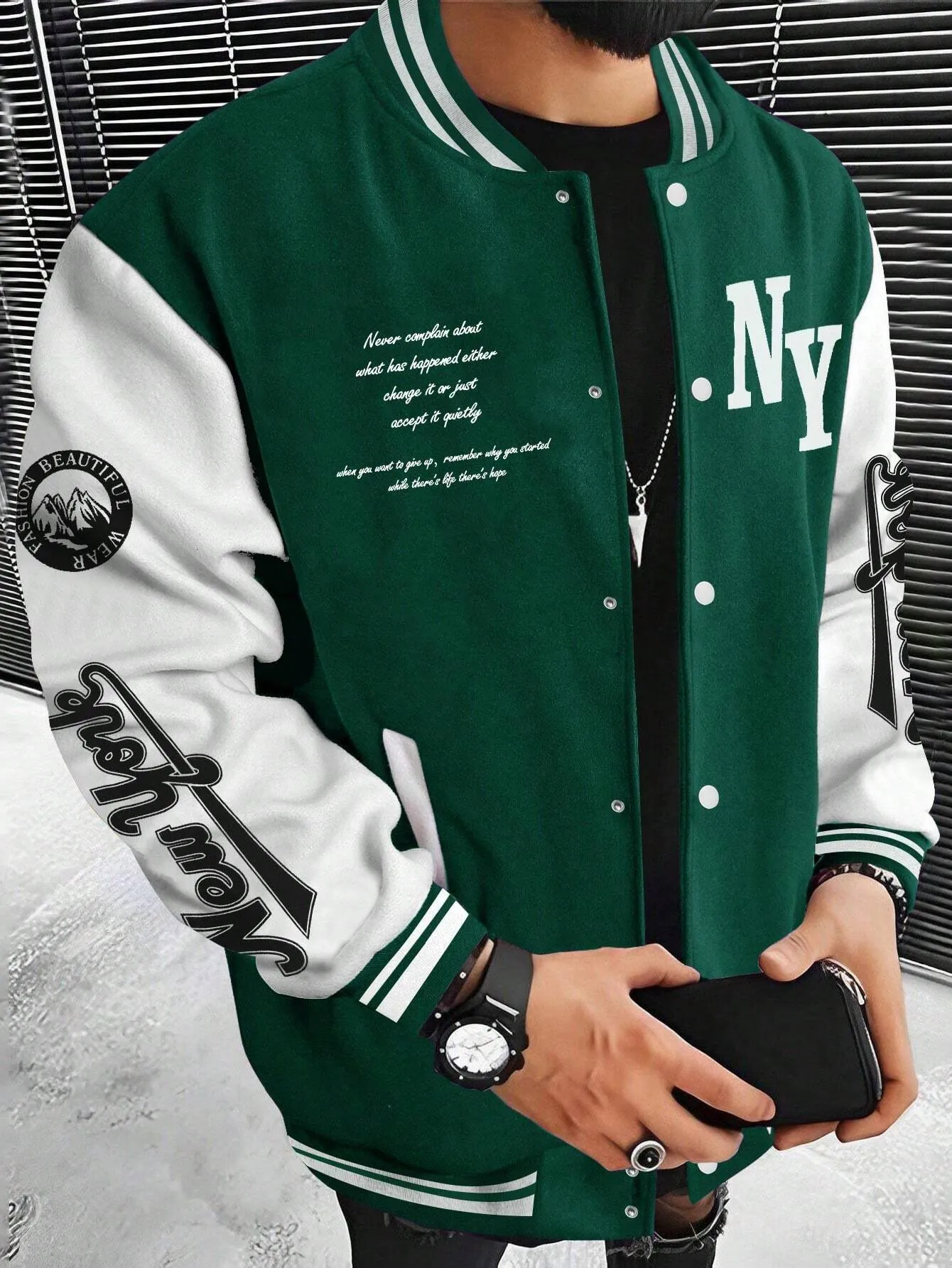LEGND Men Slogan Graphic Two Tone Varsity Jacket, Going Out Street Wear Letter Baseball Long Sleeve Color Block Jacket, For Friends, Husband, Boyfriend Gifts