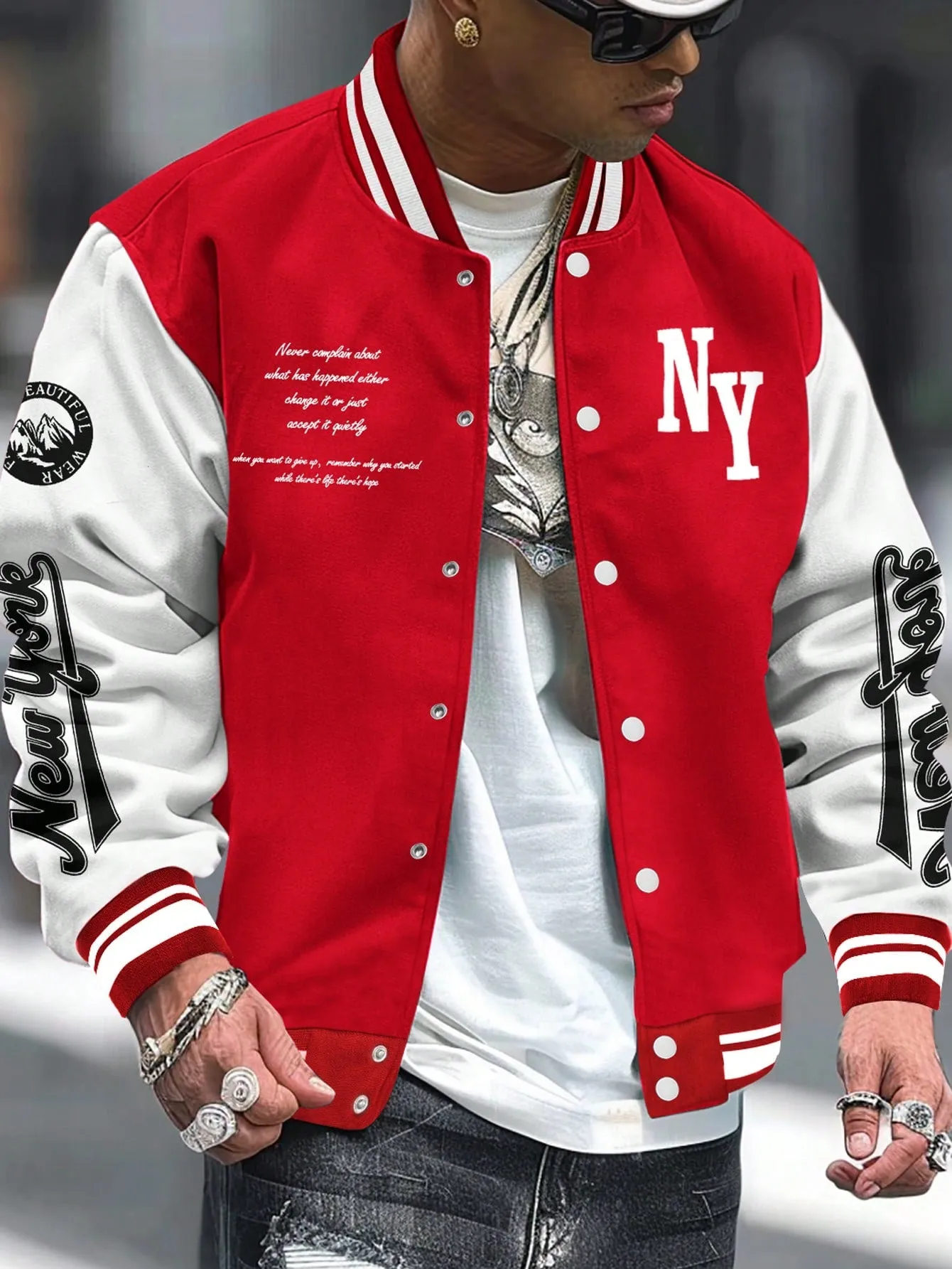 LEGND Men Slogan Graphic Two Tone Varsity Jacket, Going Out Street Wear Letter Baseball Long Sleeve Color Block Jacket, For Friends, Husband, Boyfriend Gifts