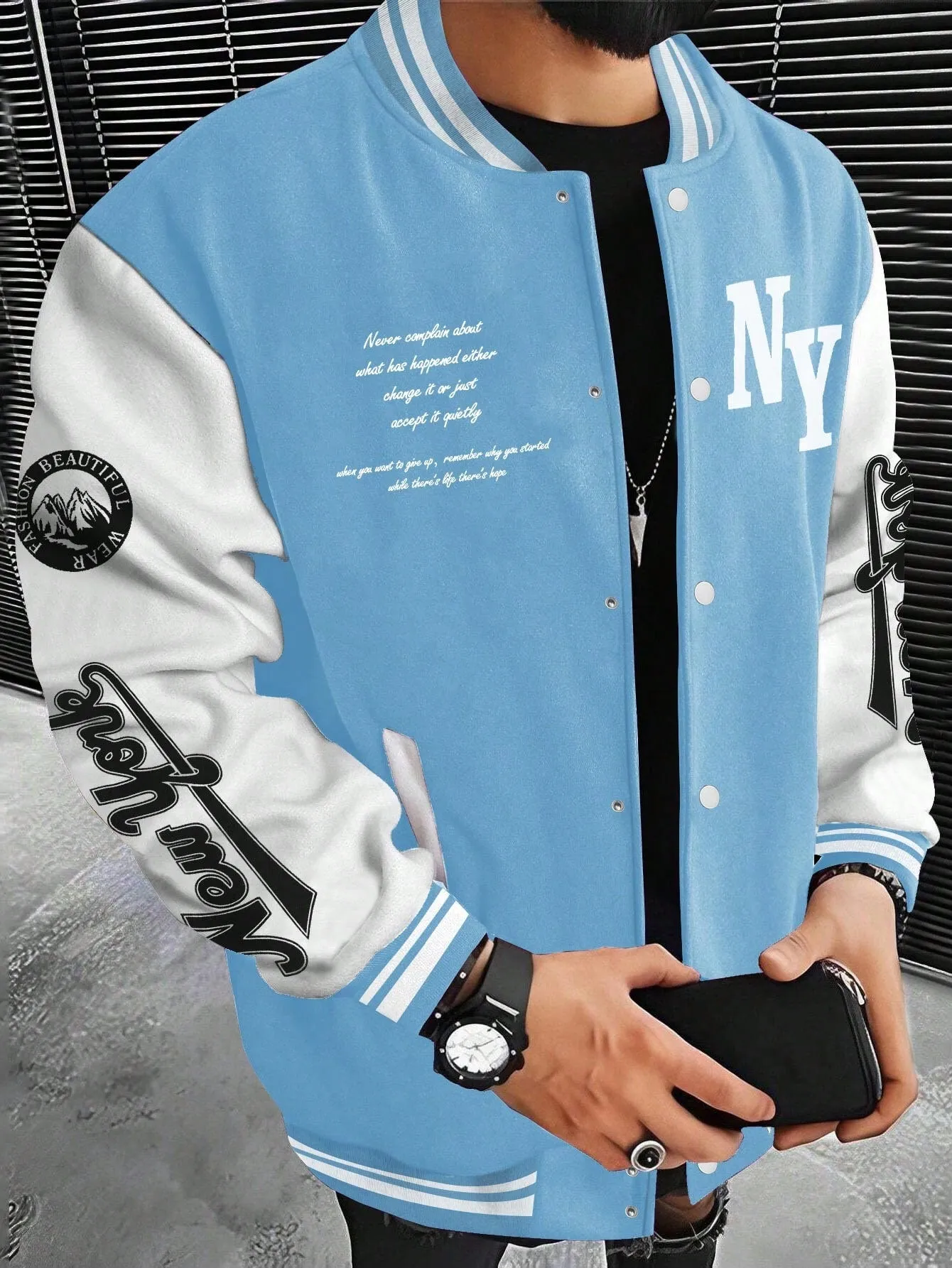 LEGND Men Slogan Graphic Two Tone Varsity Jacket, Going Out Street Wear Letter Baseball Long Sleeve Color Block Jacket, For Friends, Husband, Boyfriend Gifts