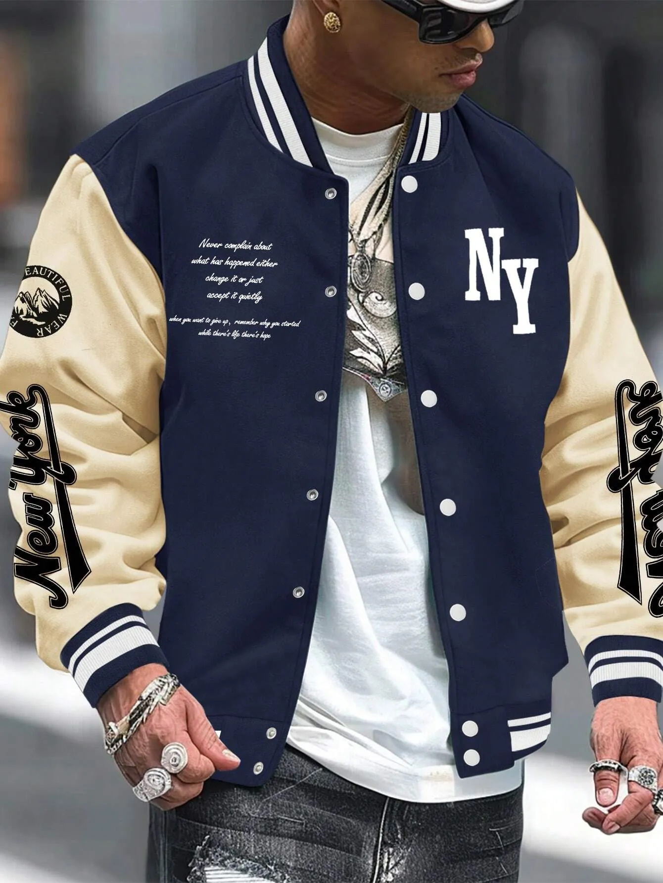 LEGND Men Slogan Graphic Two Tone Varsity Jacket, Going Out Street Wear Letter Baseball Long Sleeve Color Block Jacket, For Friends, Husband, Boyfriend Gifts