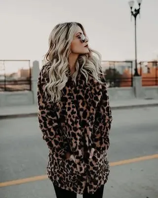 Leopard Lapel Fur Warm Medium Length Elegant Female Coats Jacket