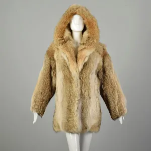 Medium 1980s Coat Real Coyote Fur Tan Hooded Winter Jacket
