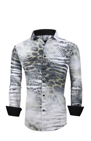 Men PREMIERE Long Sleeve Button Down Dress Shirt White Leopard Clouds