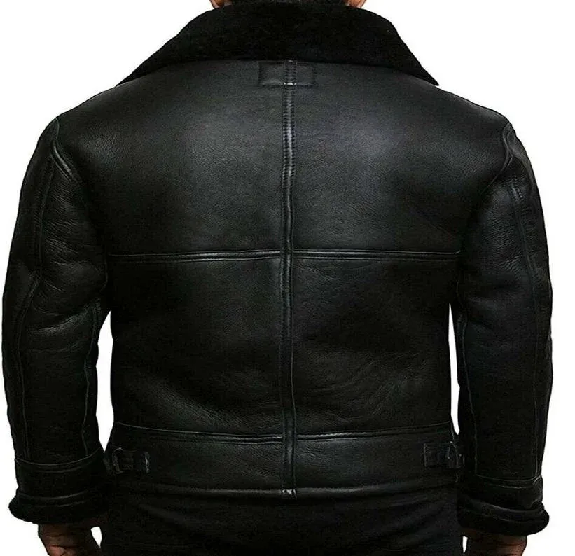 Men’s bomber shearling leather jacket in black