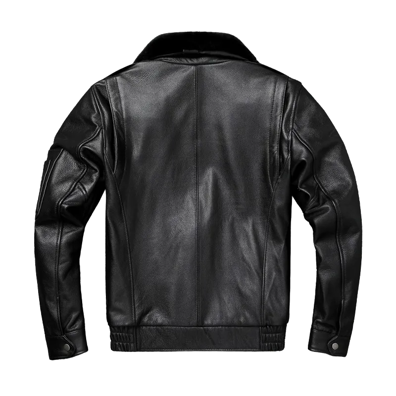 Mens Classic Style A2 Flight Aviator Black Real Cowhide Leather Jacket with Fur Collar