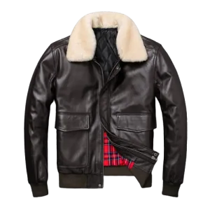Mens Knox Flight Bomber Genuine Lambskin Leather Fur Collar Cotton Checked Lined Jacket