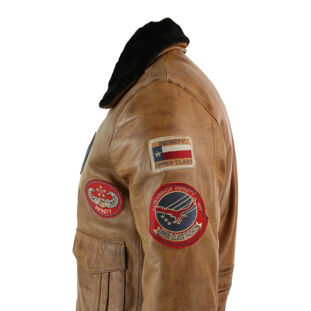 Men's Leather Air Force Pilot Bomber Jacket Tan Brown Badge