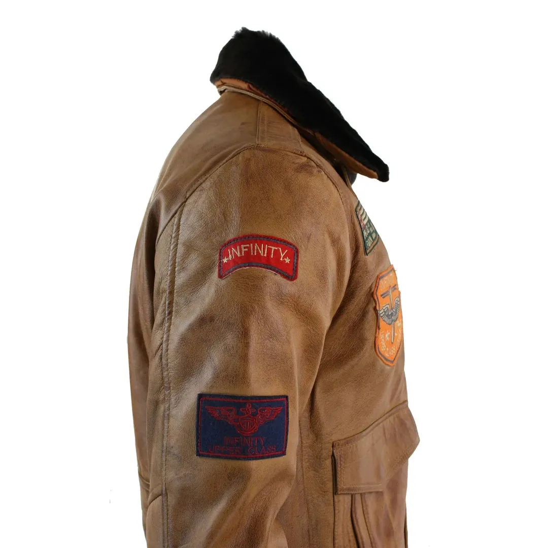 Men's Leather Air Force Pilot Bomber Jacket Tan Brown Badge