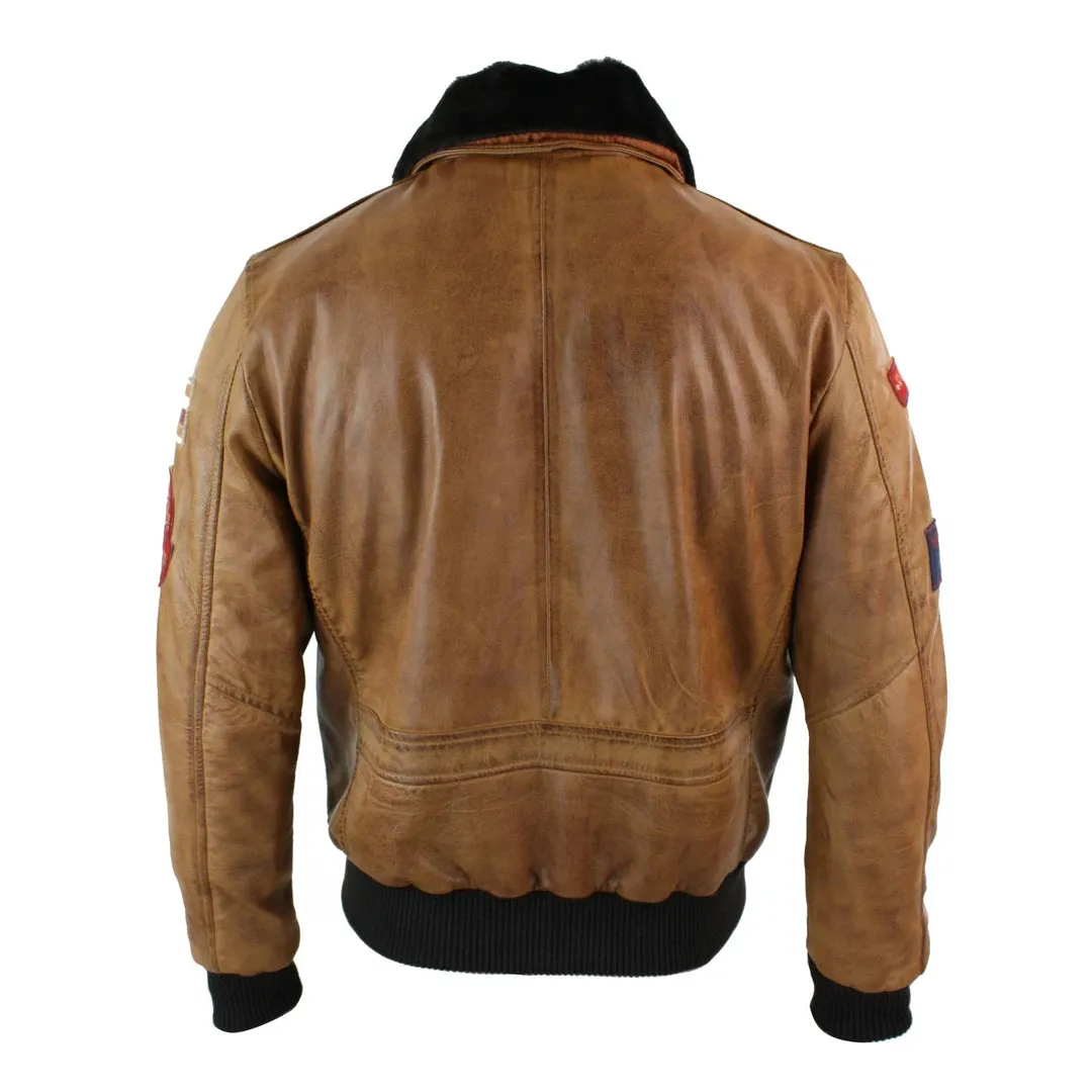 Men's Leather Air Force Pilot Bomber Jacket Tan Brown Badge