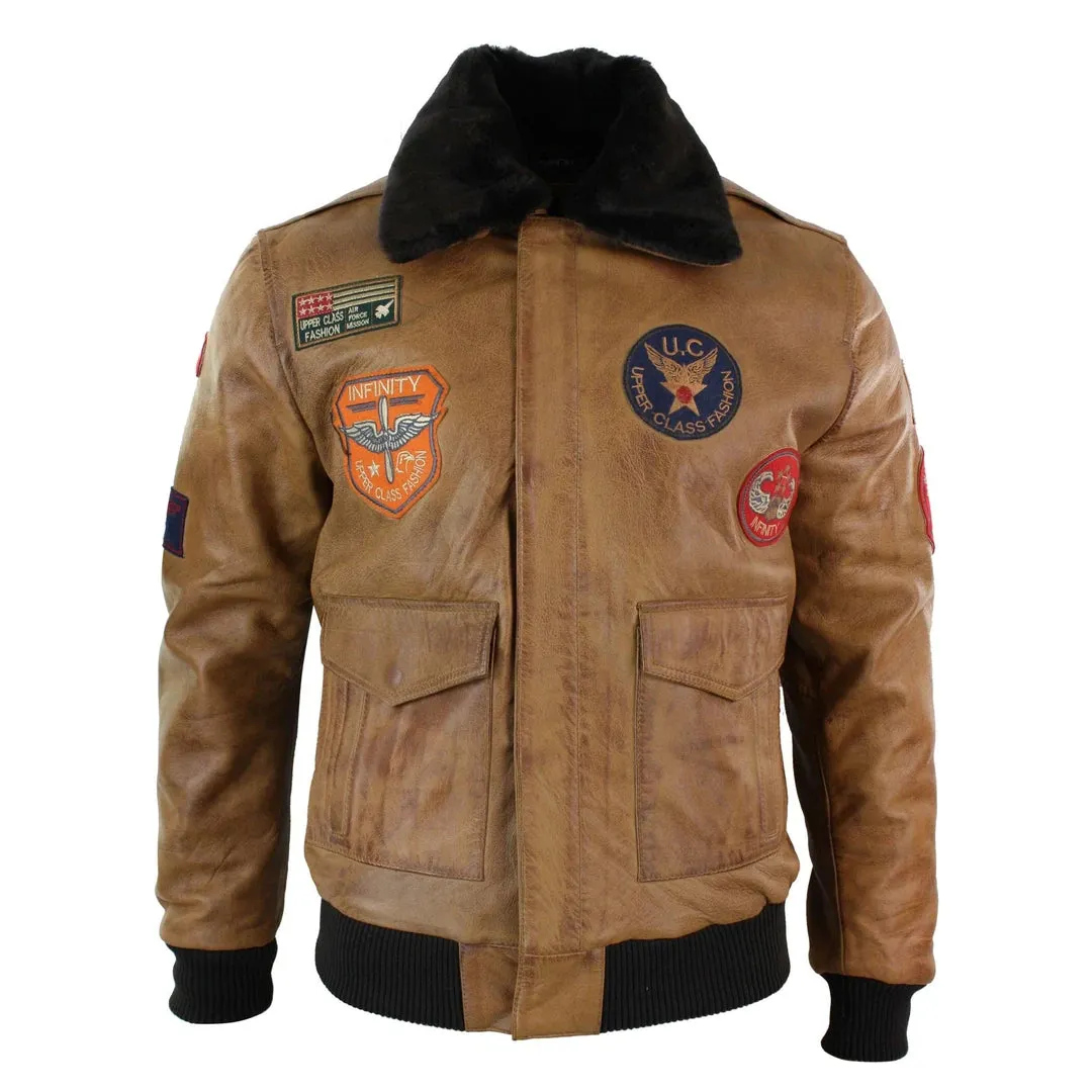 Men's Leather Air Force Pilot Bomber Jacket Tan Brown Badge