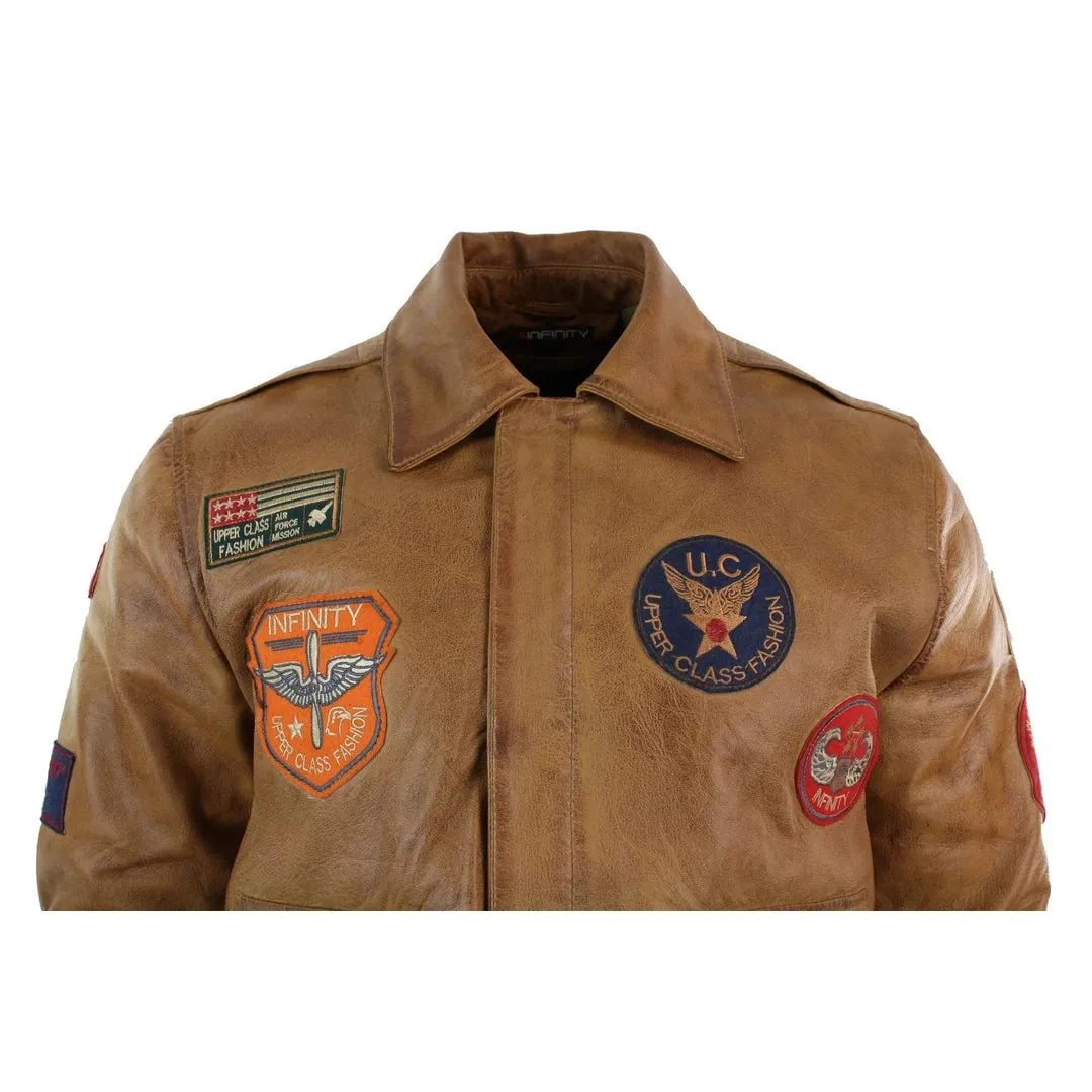 Men's Leather Air Force Pilot Bomber Jacket Tan Brown Badge