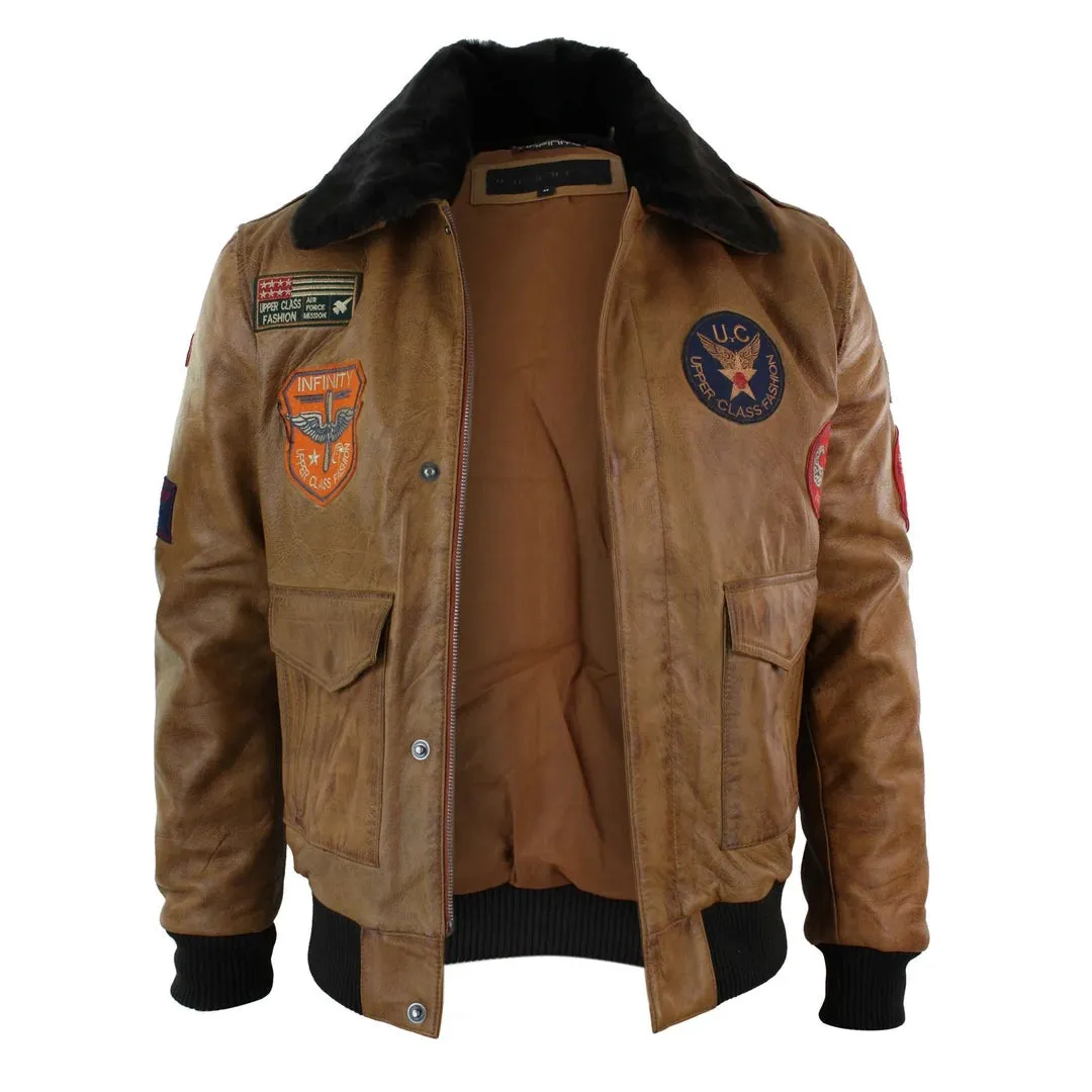 Men's Leather Air Force Pilot Bomber Jacket Tan Brown Badge