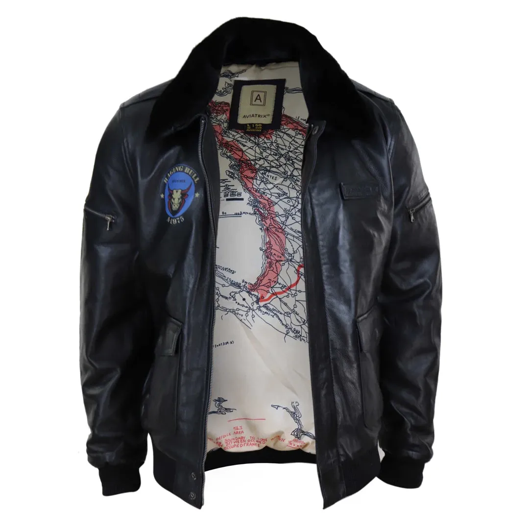 Men's Leather Bomber Jacket Aviator Fur Collar Pilot Raging Bull