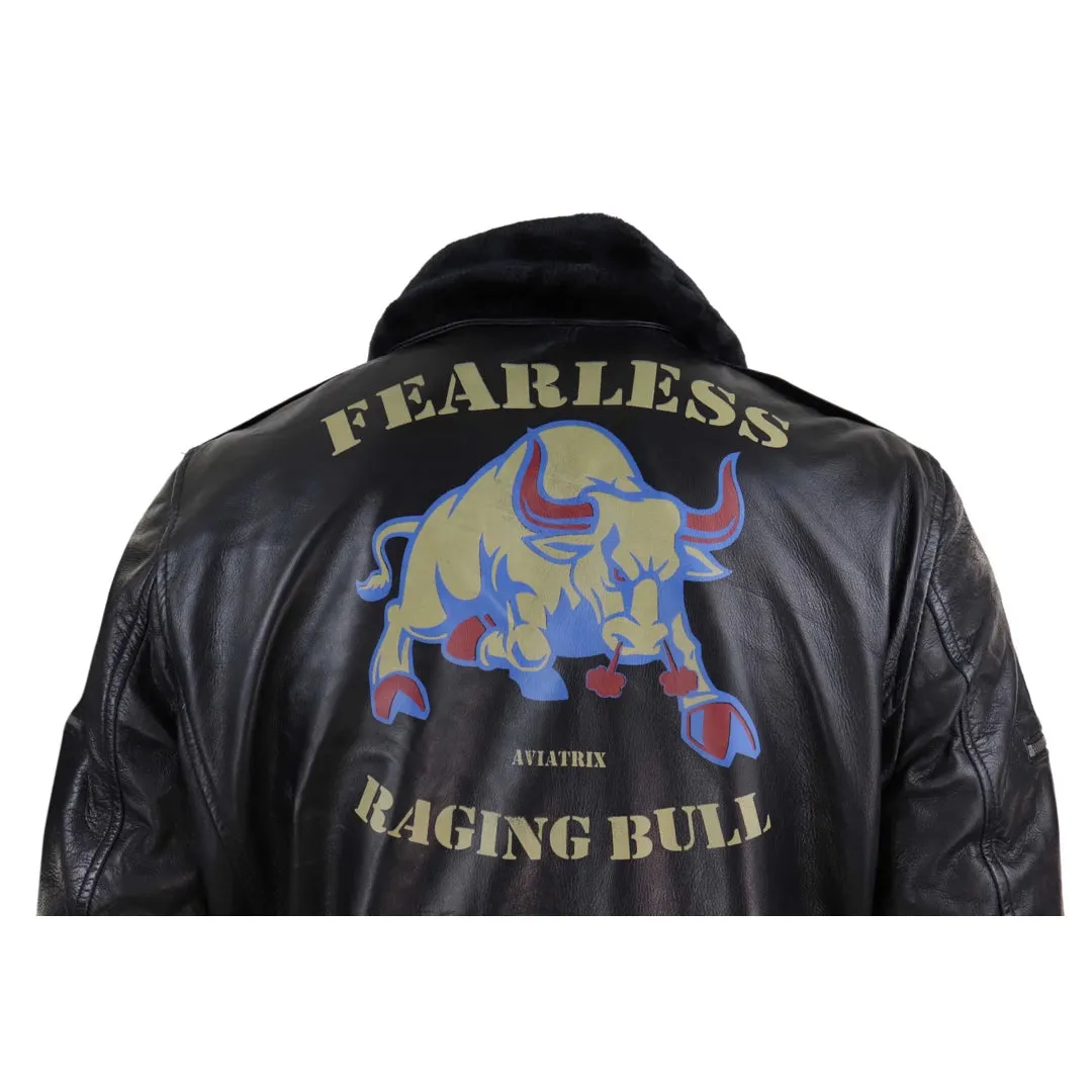 Men's Leather Bomber Jacket Aviator Fur Collar Pilot Raging Bull