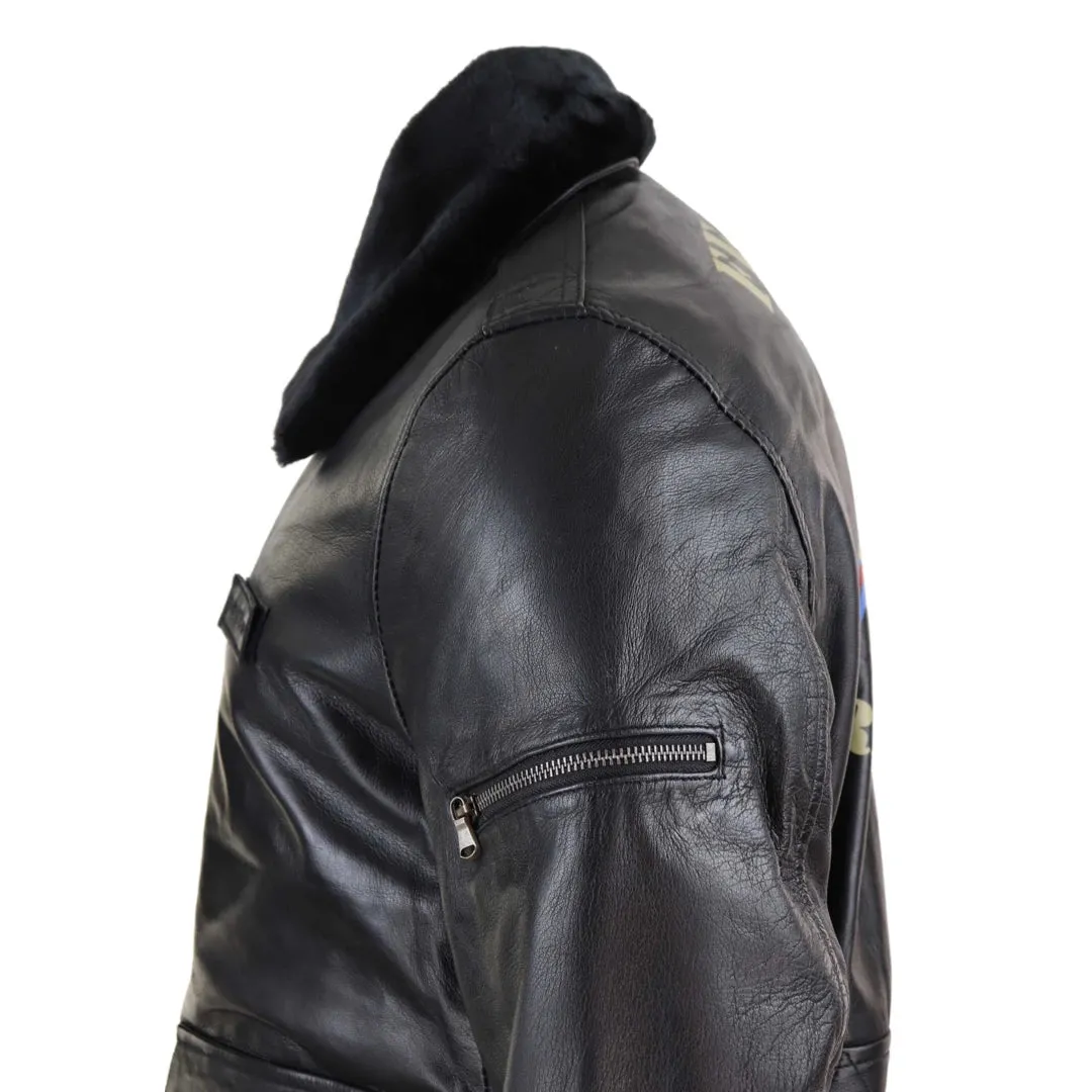 Men's Leather Bomber Jacket Aviator Fur Collar Pilot Raging Bull