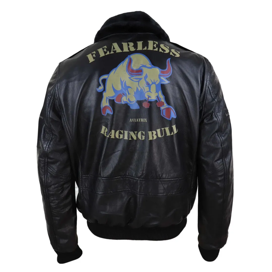 Men's Leather Bomber Jacket Aviator Fur Collar Pilot Raging Bull