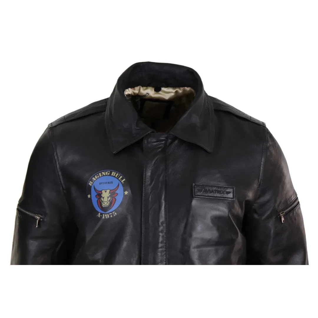 Men's Leather Bomber Jacket Aviator Fur Collar Pilot Raging Bull