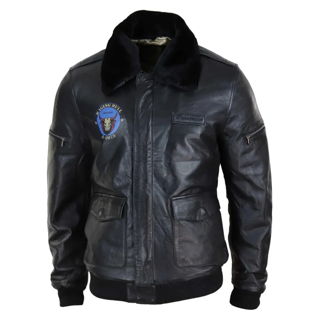 Men's Leather Bomber Jacket Aviator Fur Collar Pilot Raging Bull