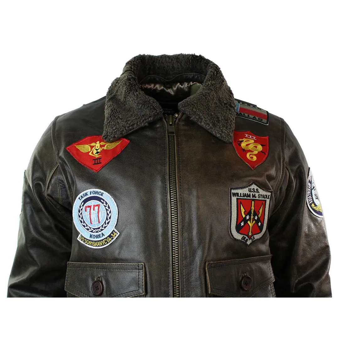 Men's Leather US Aviator Air Force Pilot Flying Bomber Jacket Black Fur Collar
