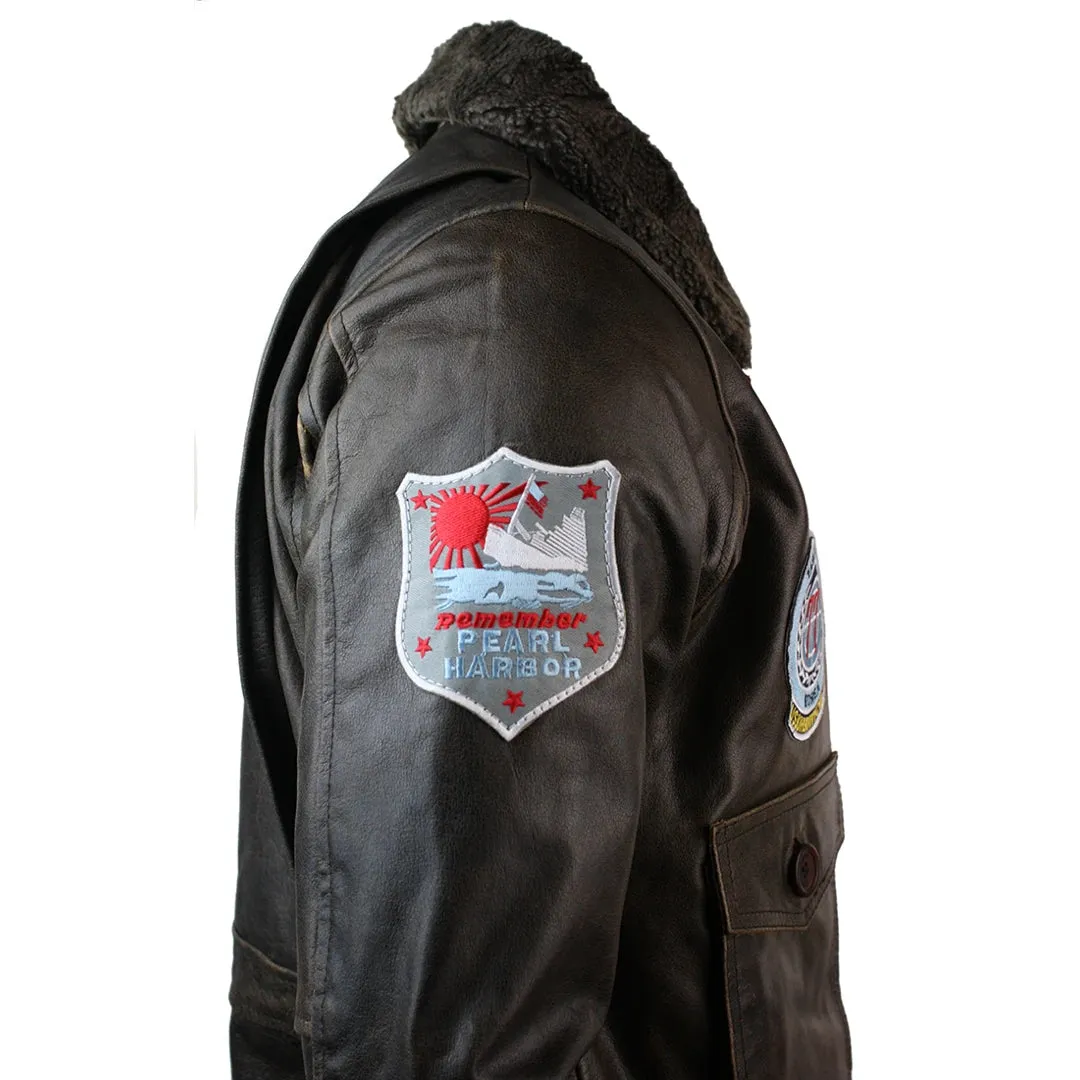 Men's Leather US Aviator Air Force Pilot Flying Bomber Jacket Black Fur Collar