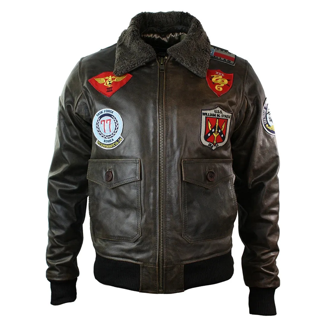 Men's Leather US Aviator Air Force Pilot Flying Bomber Jacket Black Fur Collar