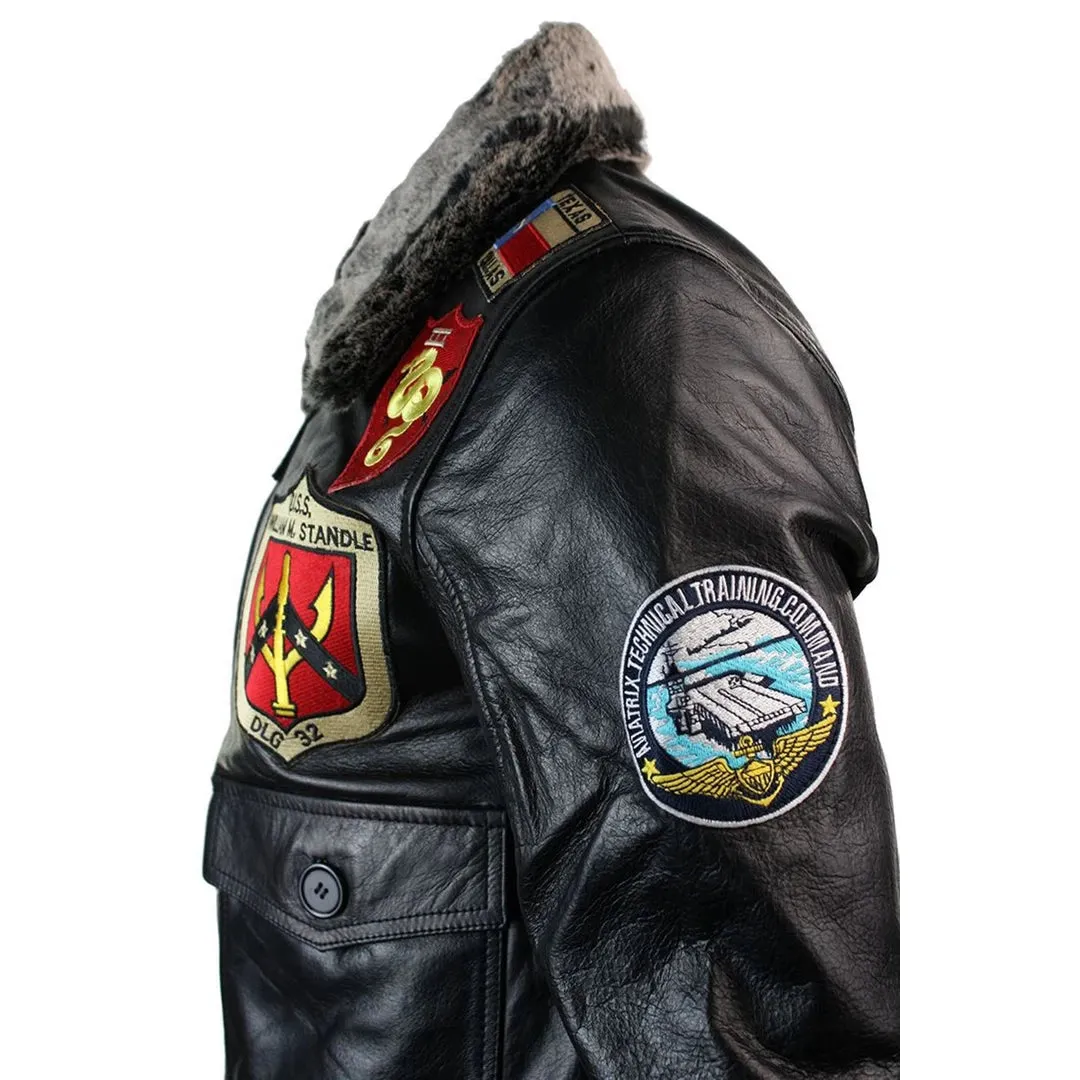 Men's Leather US Aviator Air Force Pilot Flying Bomber Jacket Black Fur Collar
