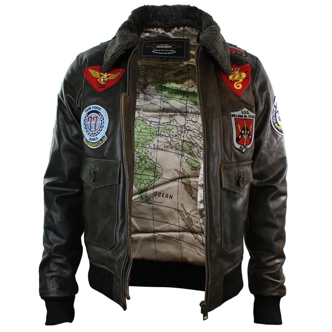 Men's Leather US Aviator Air Force Pilot Flying Bomber Jacket Black Fur Collar