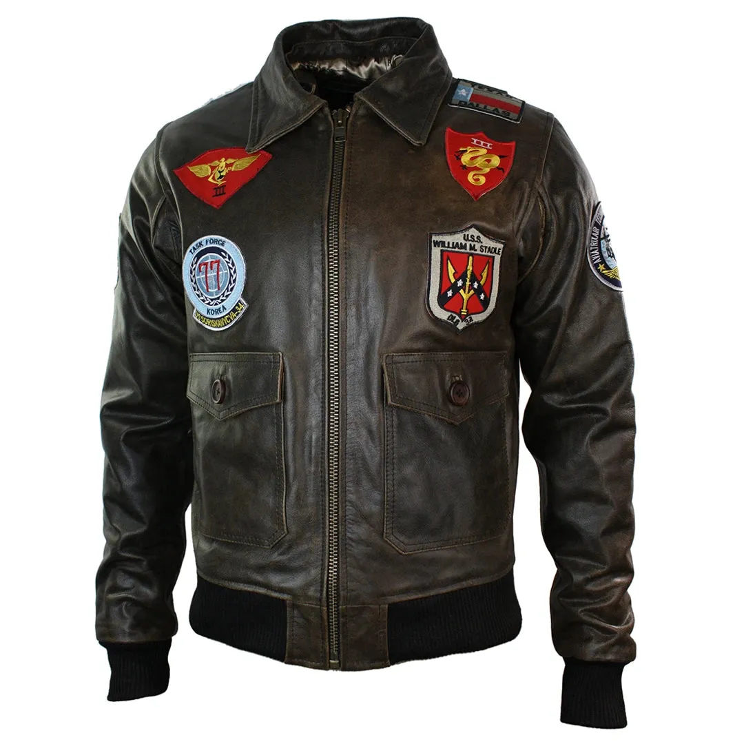 Men's Leather US Aviator Air Force Pilot Flying Bomber Jacket Black Fur Collar