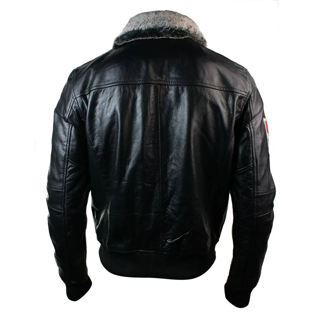 Men's Leather US Aviator Air Force Pilot Flying Bomber Jacket Black Fur Collar