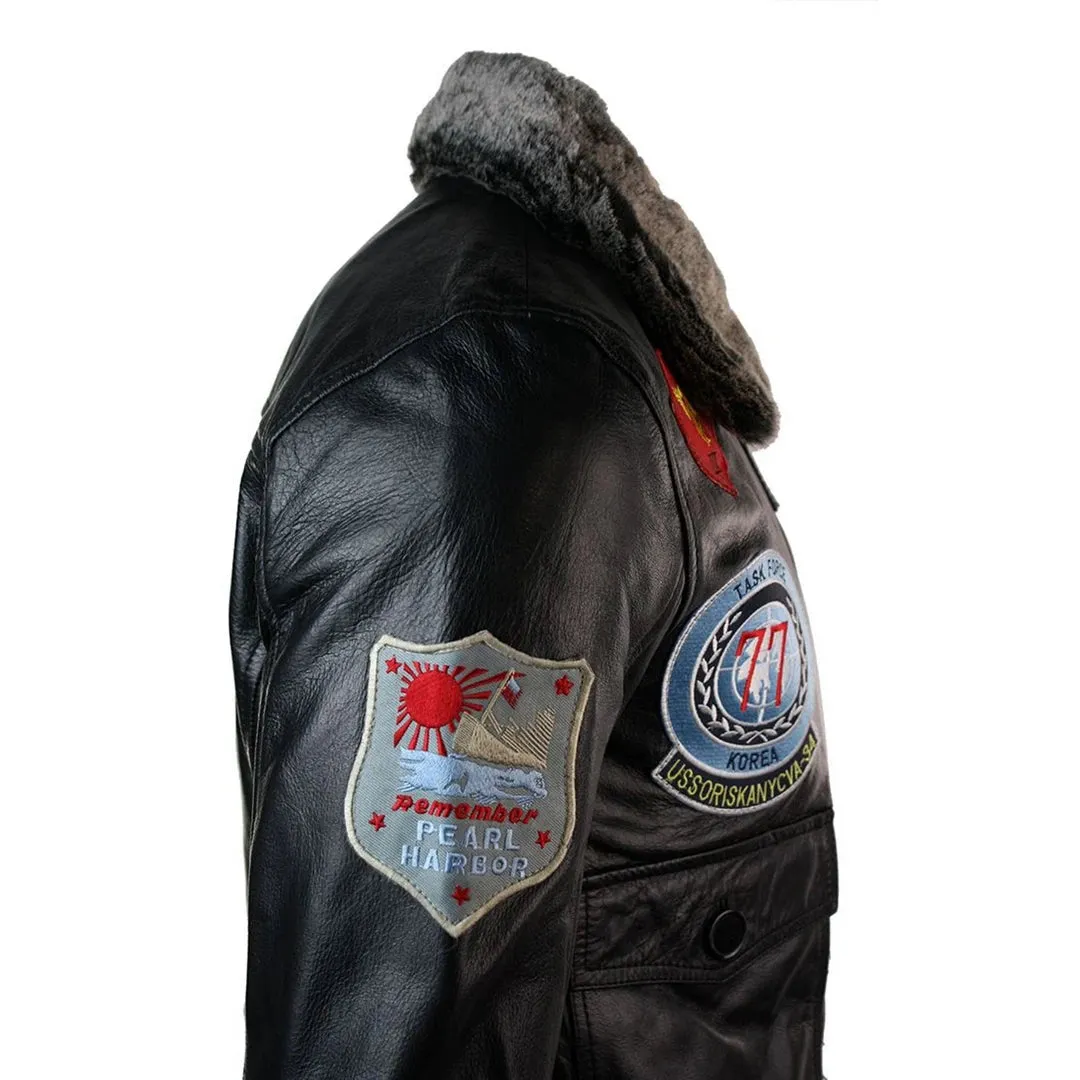 Men's Leather US Aviator Air Force Pilot Flying Bomber Jacket Black Fur Collar