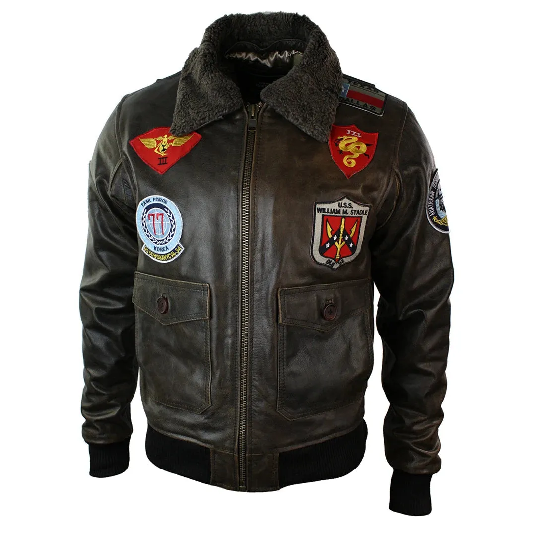 Men's Leather US Aviator Air Force Pilot Flying Bomber Jacket Black Fur Collar