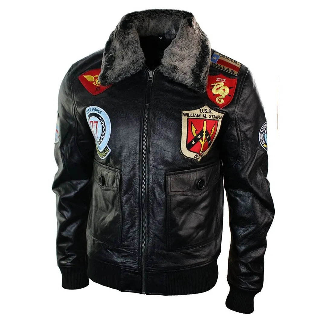 Men's Leather US Aviator Air Force Pilot Flying Bomber Jacket Black Fur Collar