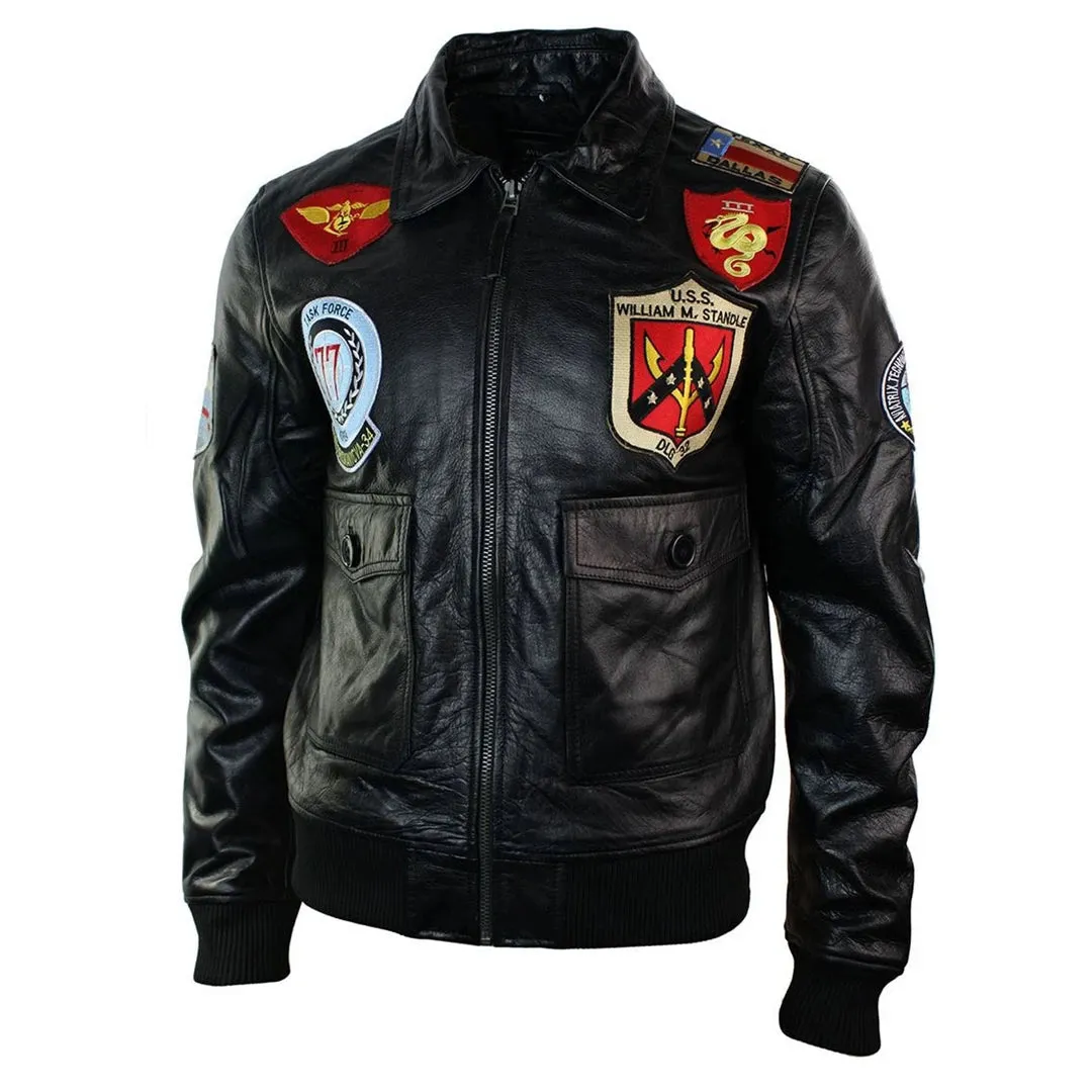 Men's Leather US Aviator Air Force Pilot Flying Bomber Jacket Black Fur Collar