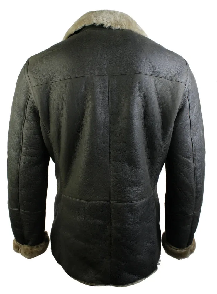 Men's Shearling German Navy Sheepskin Double Breasted Jacket Khaki Black