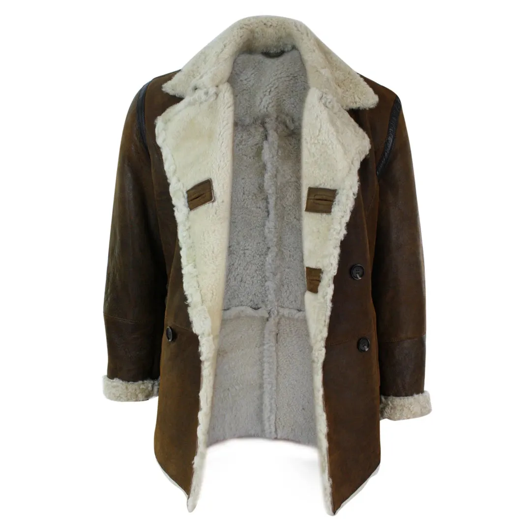 Men's Shearling German Navy Sheepskin Double Breasted Jacket Khaki Black