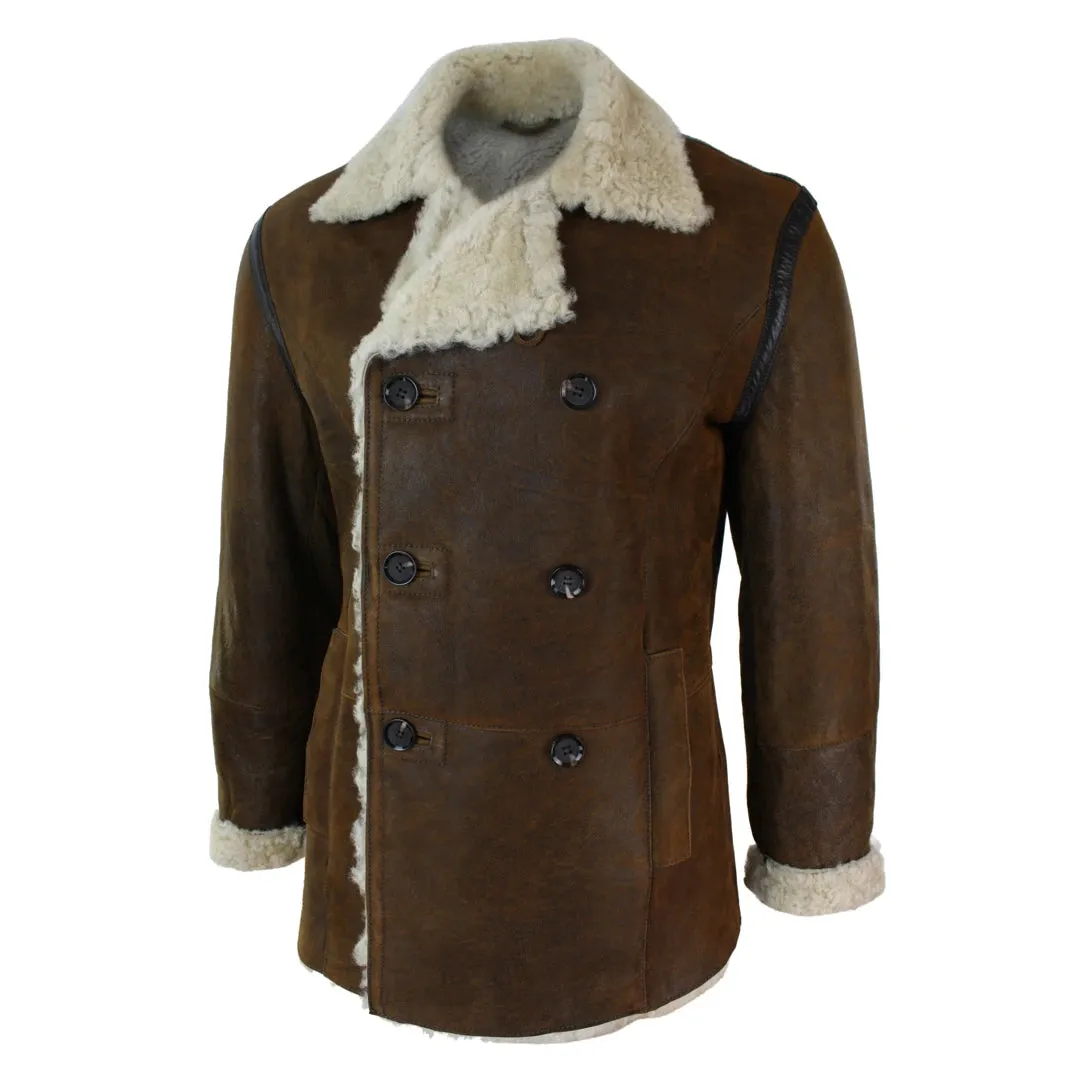 Men's Shearling German Navy Sheepskin Double Breasted Jacket Khaki Black