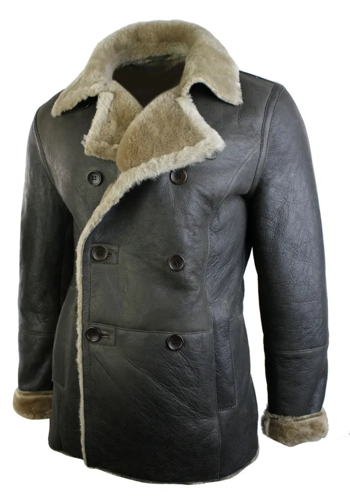 Men's Shearling German Navy Sheepskin Double Breasted Jacket Khaki Black