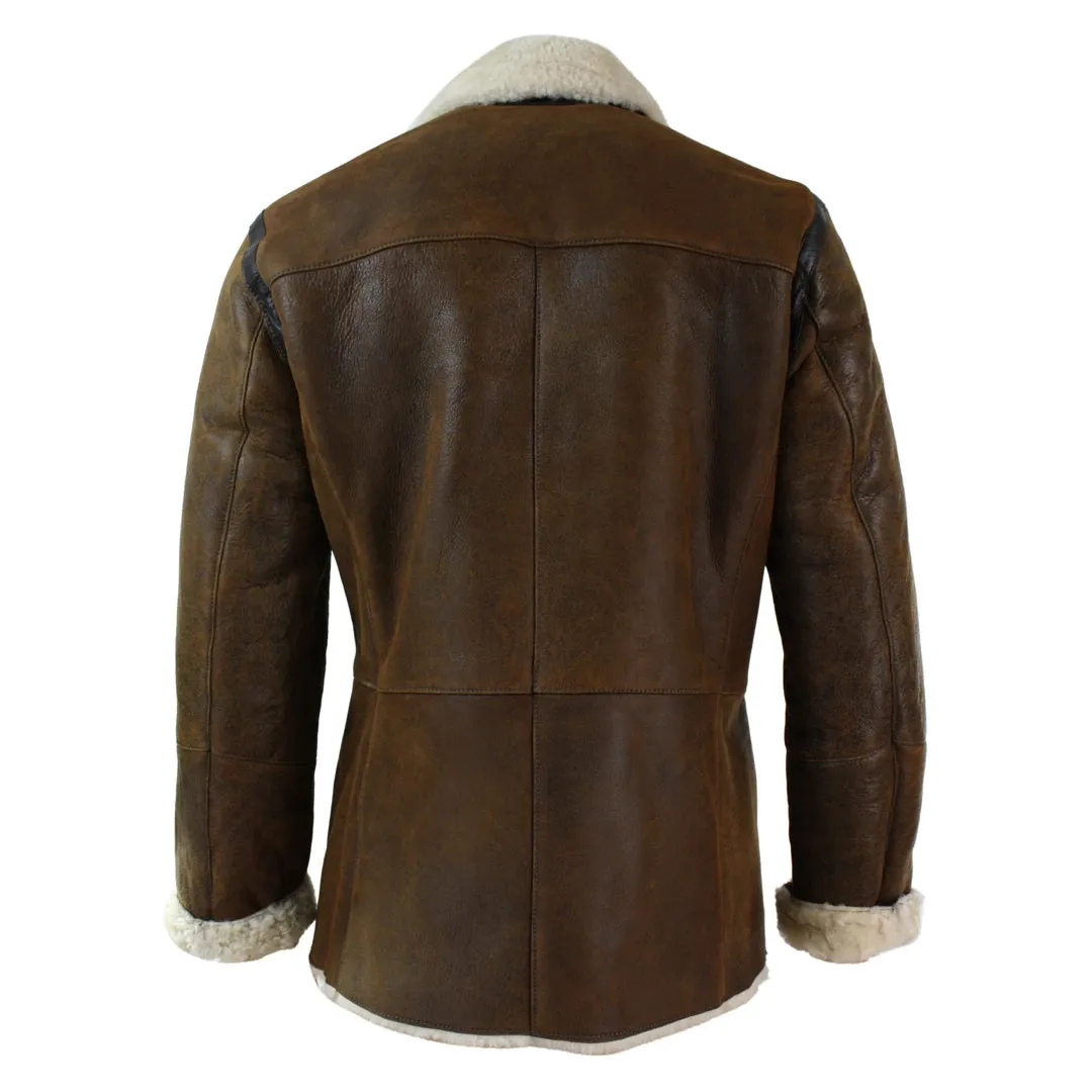 Men's Shearling German Navy Sheepskin Double Breasted Jacket Khaki Black