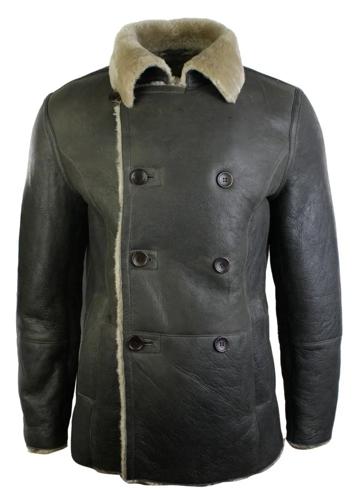 Men's Shearling German Navy Sheepskin Double Breasted Jacket Khaki Black