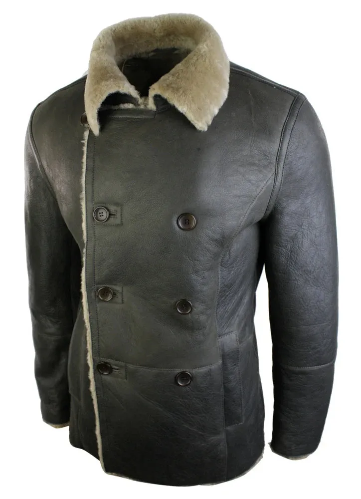 Men's Shearling German Navy Sheepskin Double Breasted Jacket Khaki Black