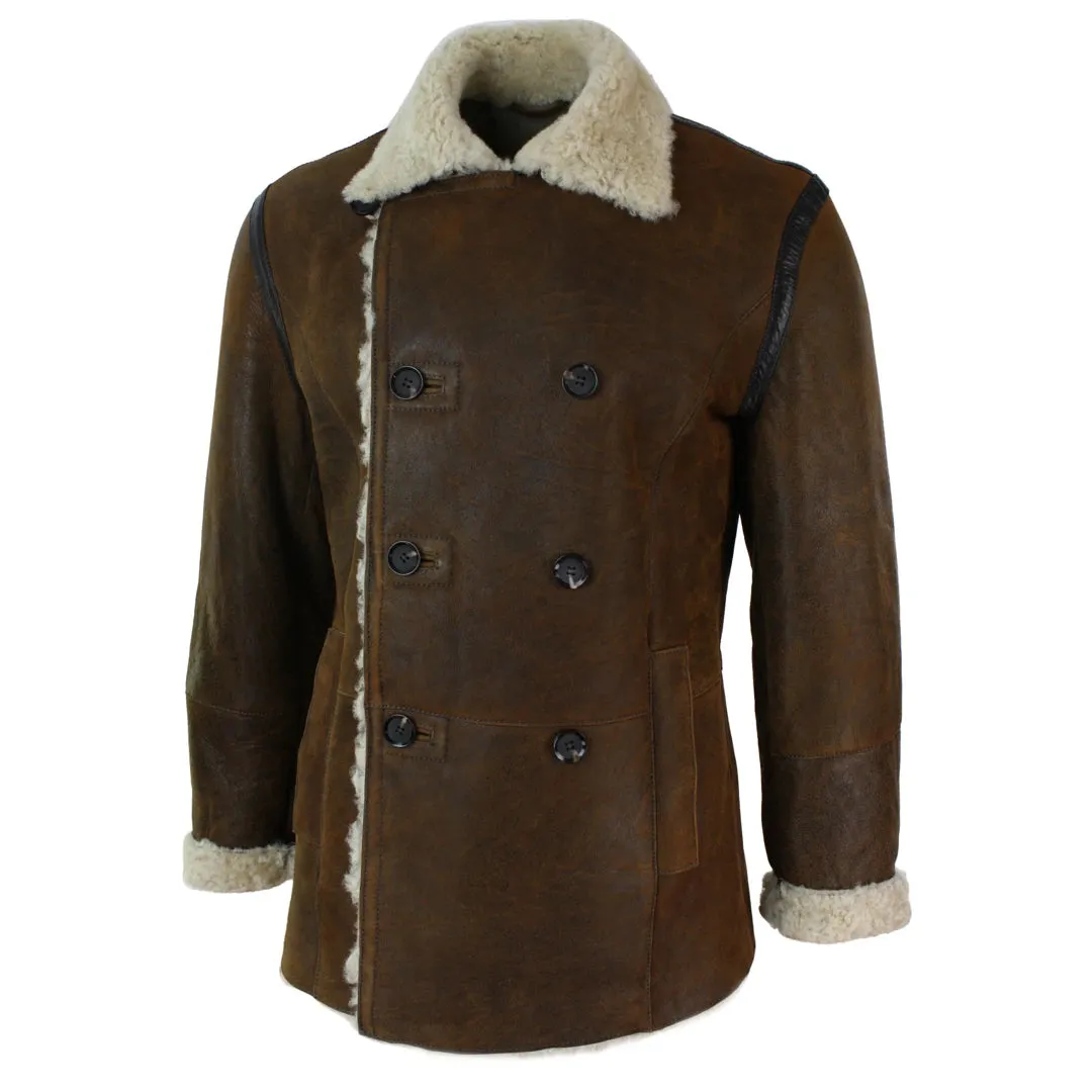 Men's Shearling German Navy Sheepskin Double Breasted Jacket Khaki Black