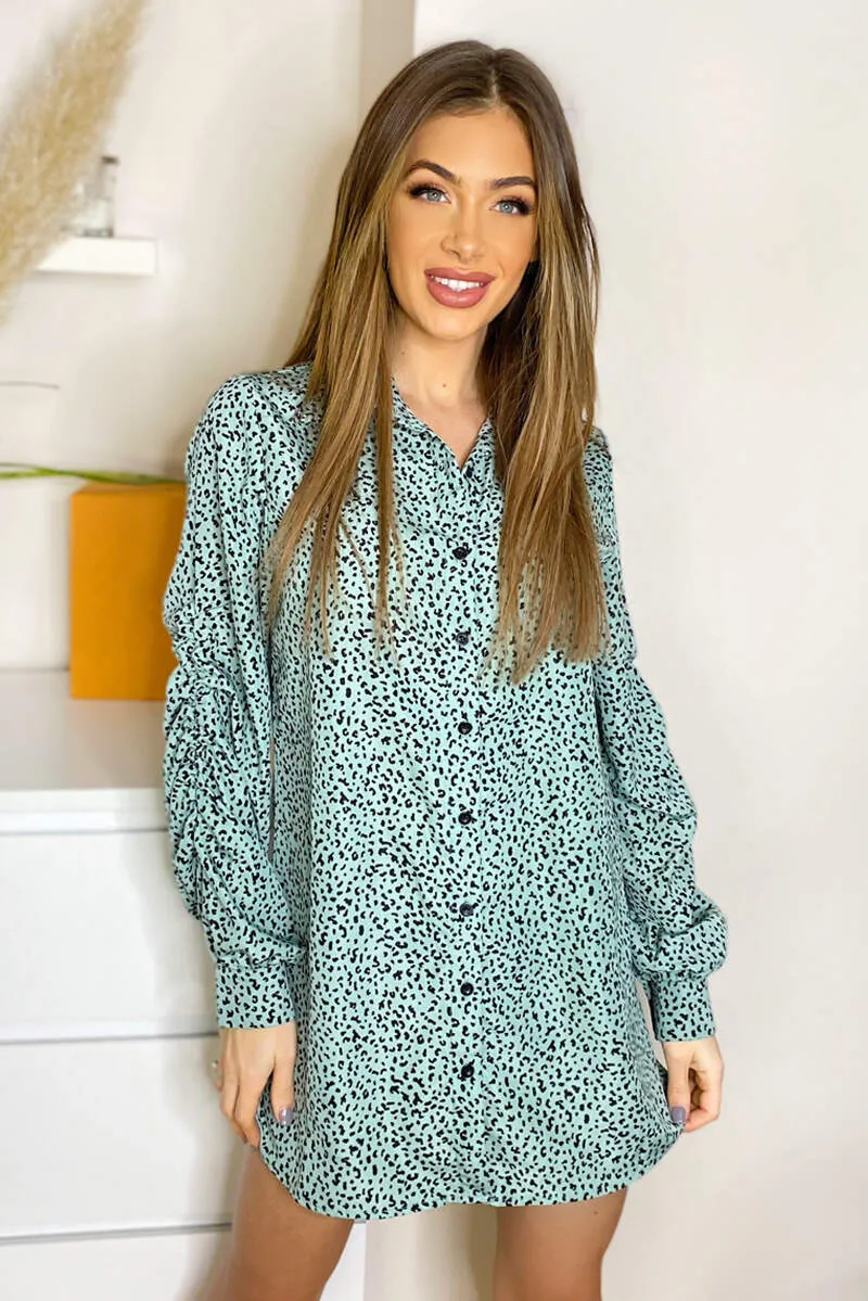 Mint Button Up Elasticated Sleeve Shirt Dress