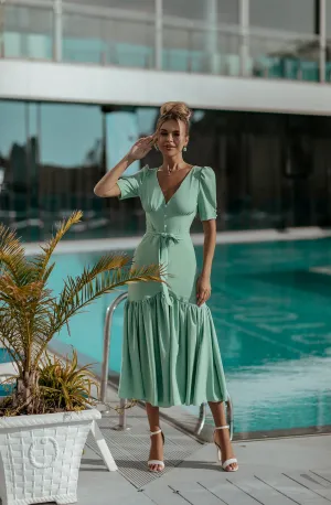Mint Puff-Sleeve Belted Midi Dress