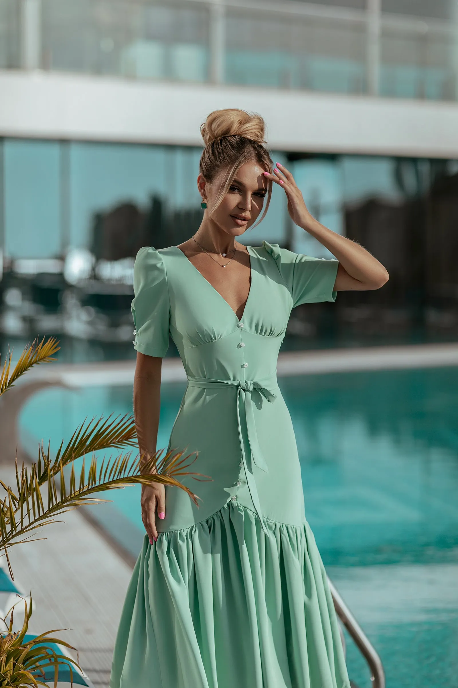 Mint Puff-Sleeve Belted Midi Dress